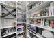 Walk-in pantry with shelving, wine rack, storage containers, and organized items at 11216 Preservation Ln, Charlotte, NC 28278
