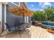 Back deck furnished with an outdoor seating arrangement under a large umbrella and a gas grill for cooking at 516 King St, Waxhaw, NC 28173