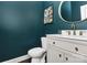 Stylish powder room with striking wall color, gold accents, and a decorative mirror at 8916 Inverness Bay Rd, Charlotte, NC 28278