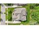 Birds eye view of home with landscaped backyard, patio, mature trees and beautiful rooflines at 9034 Kensington Forest Dr, Harrisburg, NC 28075