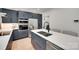 Contemporary kitchen features stainless steel appliances, a central island, and custom blue cabinets at 1134 Blueberry Ln, Charlotte, NC 28226