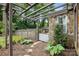 Stone patio and pergola surrounded by lush greenery, offering a private backyard space at 4235 Howie Cir, Charlotte, NC 28205