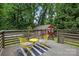 Outdoor deck featuring yellow chairs and table, with views of a red shed and lush greenery, creating a peaceful retreat at 4235 Howie Cir, Charlotte, NC 28205
