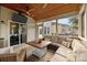 Inviting screened-in patio featuring comfortable seating, ceiling fans, and a TV for outdoor entertainment at 6119 Castlecove Rd, Charlotte, NC 28278