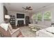 Comfortable living room featuring a fireplace, built-in bookshelves, and a ceiling fan at 705 Moss Creek Dr, Matthews, NC 28105