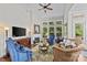 Spacious living room with a fireplace, soaring ceilings, large windows, and two blue accent chairs at 9750 Briarwick Ln, Charlotte, NC 28277