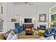 Elegant living room with a fireplace, tv, hardwood floors, and a blue accent chair at 9750 Briarwick Ln, Charlotte, NC 28277