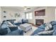 Cozy living room with hardwood floors, fireplace, large windows, and comfortable blue sofas at 1553 Arcadia Bluff Dr, York, SC 29745