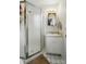 Cozy bathroom with frosted shower and vanity with sink at 2968 Grace St, Claremont, NC 28610