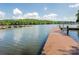 Picturesque view of a dock extending onto the calm lake, surrounded by lush greenery at 8818 Artesa Mill Ln, Charlotte, NC 28214