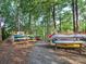 Outdoor kayak storage area with multiple kayaks on wooden racks nestled in the woods at 8818 Artesa Mill Ln, Charlotte, NC 28214