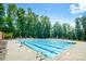 A pristine community pool with lane dividers surrounded by trees and lounge chairs at 8818 Artesa Mill Ln, Charlotte, NC 28214