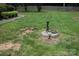 Landscaped backyard with mature green lawn, well and artistic garden sculpture at 116 Lanes End Rd, Locust, NC 28097