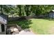 View of fenced backyard with green grass and mature trees, accessible from the wood deck at 118 Sunset Dr, Clover, SC 29710