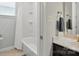Compact bathroom featuring a shower with a curtain and a sleek vanity with modern fixtures at 1437 Imperial Ct, York, SC 29745