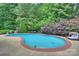 In-ground pool surrounded by lush landscaping, a tanning deck, and a serene ambiance at 2300 Lord Anson Dr, Waxhaw, NC 28173