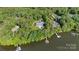 Aerial view of a lakeside property with a pool, private docks, and lush surrounding greenery at 408 Emerald Bay Dr, Salisbury, NC 28146