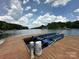 Boat dock with a lift providing water access, and a view of the lake and surrounding shoreline at 408 Emerald Bay Dr, Salisbury, NC 28146
