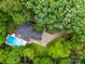 Aerial view of a house featuring a swimming pool, lush greenery, and a driveway at 8527 Foxbridge Dr, Matthews, NC 28104