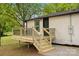 Home exterior features a wood deck, gravel path, stairs and neutral siding at 1574 Mangum Dr, Lancaster, SC 29720