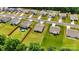 Bird's-eye view of suburban homes with manicured lawns, one featuring an above-ground pool and a trampoline at 2928 Parkwest Dr, Albemarle, NC 28001
