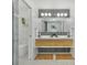 Bright bathroom features a floating double sink vanity, decorative tile, and modern fixtures at 3549 Woodleaf Rd, Charlotte, NC 28205