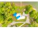 Aerial view of unique lake house with distinctive blue accents, a private dock, and verdant surroundings at 3911 Sandy Point Dr, York, SC 29745