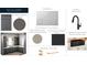 Scullery design board with frappe cabinets, white backsplash, matte black plumbing, and aged brass hardware at 5427 Addison Dr, Charlotte, NC 28211
