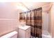 Functional bathroom with a single sink vanity, and a shower with a zebra striped shower curtain at 1094 Curve View Rd, Lincolnton, NC 28092