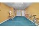 Basement featuring blue carpet with door access and decorative furnishing at 129 Renaissance Pl, Statesville, NC 28625