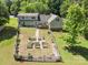 Aerial view of backyard with fenced yard, garden beds, and patio, perfect for outdoor entertaining at 1818 Winfield Dr, Monroe, NC 28110