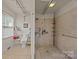 Accessible bathroom featuring a tiled shower, toilet with grab bars, and storage shelves at 1818 Winfield Dr, Monroe, NC 28110