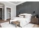 Cozy main bedroom featuring a dark accent wall, plush bedding, and modern decor at 301 Riverwood Rd, Mooresville, NC 28117