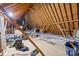 Unfinished attic space with exposed rafters, wooden beams, and potential for storage or customization at 5523 Meadow Haven Ln, Charlotte, NC 28270