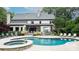 Outdoor oasis featuring a private pool, hot tub, lounging area, and meticulous landscaping at 5523 Meadow Haven Ln, Charlotte, NC 28270