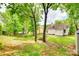 Spacious backyard with a lawn, trees, fenced perimeter, and a charming fire pit at 7442 Crestside Ln, Charlotte, NC 28227
