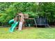 Backyard playground equipment surrounded by black fence and mature trees at 106 Hannaford Pl # 15, Gastonia, NC 28052