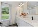 Elegant bathroom featuring a double vanity with granite counters, modern fixtures, and a large window view at 3163 Maury St, Charlotte, NC 28208