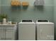 Clean laundry room with new front load washer and dryer, cabinet space and shelves, efficiently designed at 3882 Horsham St, Indian Land, SC 29707