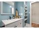 This bathroom features a modern vanity, mirror, and wall shelving at 3900 Langley Rd, Charlotte, NC 28215