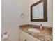 Elegant half bathroom featuring granite countertop and decorative mirror at 4025 Woodfox Dr, Charlotte, NC 28277