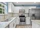 A gorgeous kitchen features marble countertops, white cabinets, and stainless steel appliances at 4658 Cedar Rock Dr, Charlotte, NC 28273