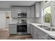 Updated kitchen featuring stainless steel appliances, gray cabinetry, and a bright window at 5371 Davidson Rd, Davidson, NC 28036