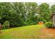 Picturesque backyard with mature trees, lush greenery, and a small storage shed at 5604 Bethesda Ct, Charlotte, NC 28226