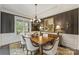 Dining area with hardwood floors, wainscotting, window with shutters, elegant chandelier and buffet at 7428 Edenbridge Ln, Charlotte, NC 28226