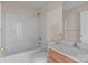 Neutral bathroom featuring a tub and shower, single sink, toilet, and vanity at 112 Dujon Ct, Mount Holly, NC 28120