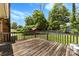 Exterior view of a wooden back deck, perfect for outdoor relaxation and entertaining, with lush greenery beyond at 113 Helena St, Mount Holly, NC 28120