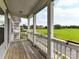 View of a covered porch with wood flooring and white railing overlooking a green field at 134 Kerri Dawn Ln # 117, Locust, NC 28097
