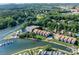 Community aerial view showcasing lush landscaping, lake access, and a marina at 18631 Harborside Dr, Cornelius, NC 28031