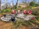 Outdoor fire pit surrounded by stone patio and red Adirondack chairs at 3115 Duck Point Dr, Monroe, NC 28110